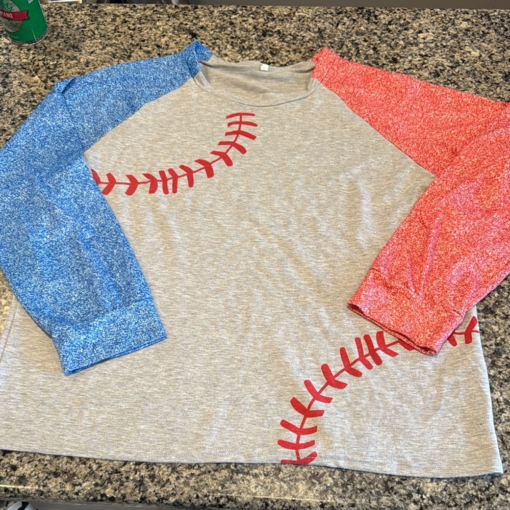 Womens Baseball Themed Shirt with Red and Blue Sleeves size 2XL
